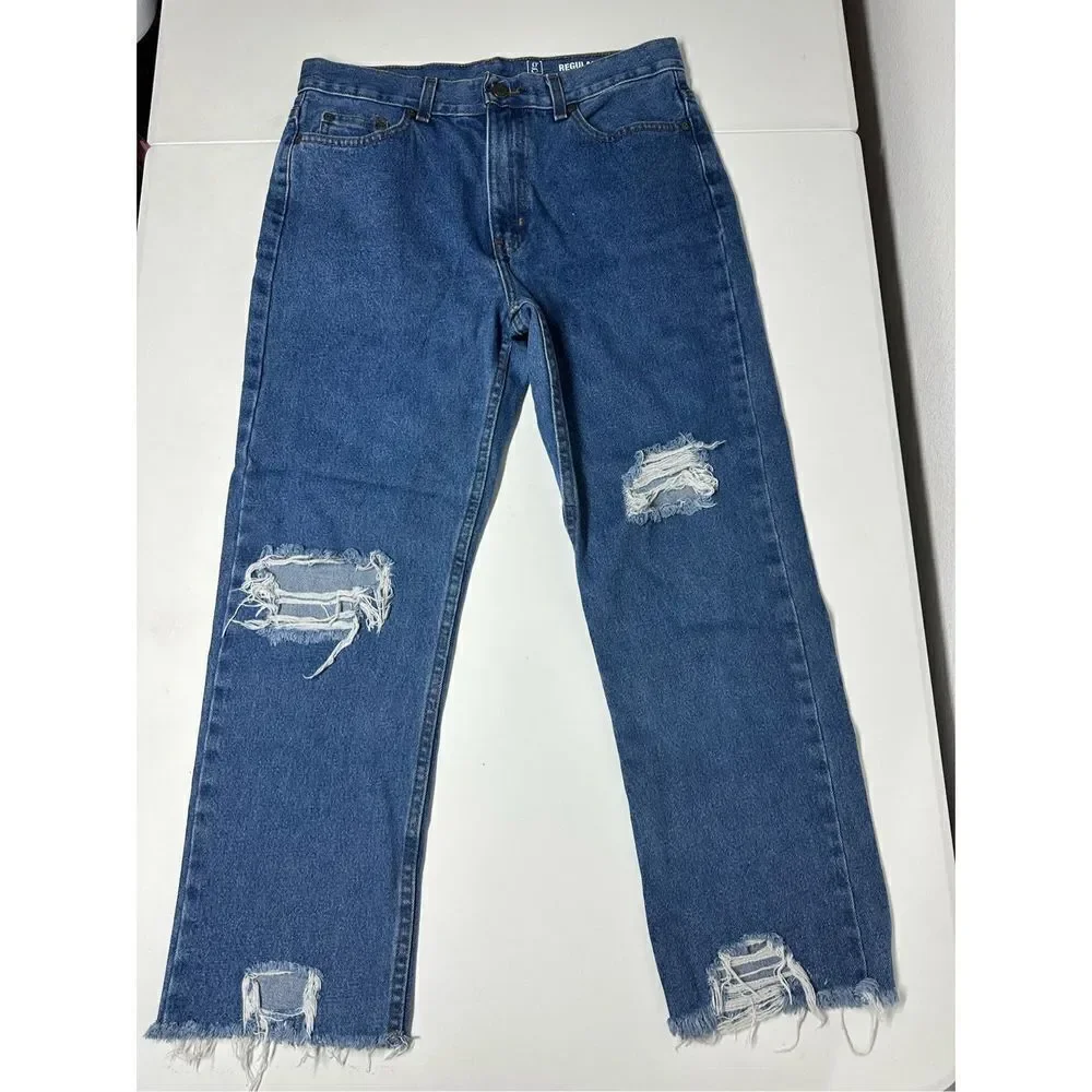George Mens Regular Jeans Cropped Blue Denim Distressed 31X26 Frayed Hem Pockets